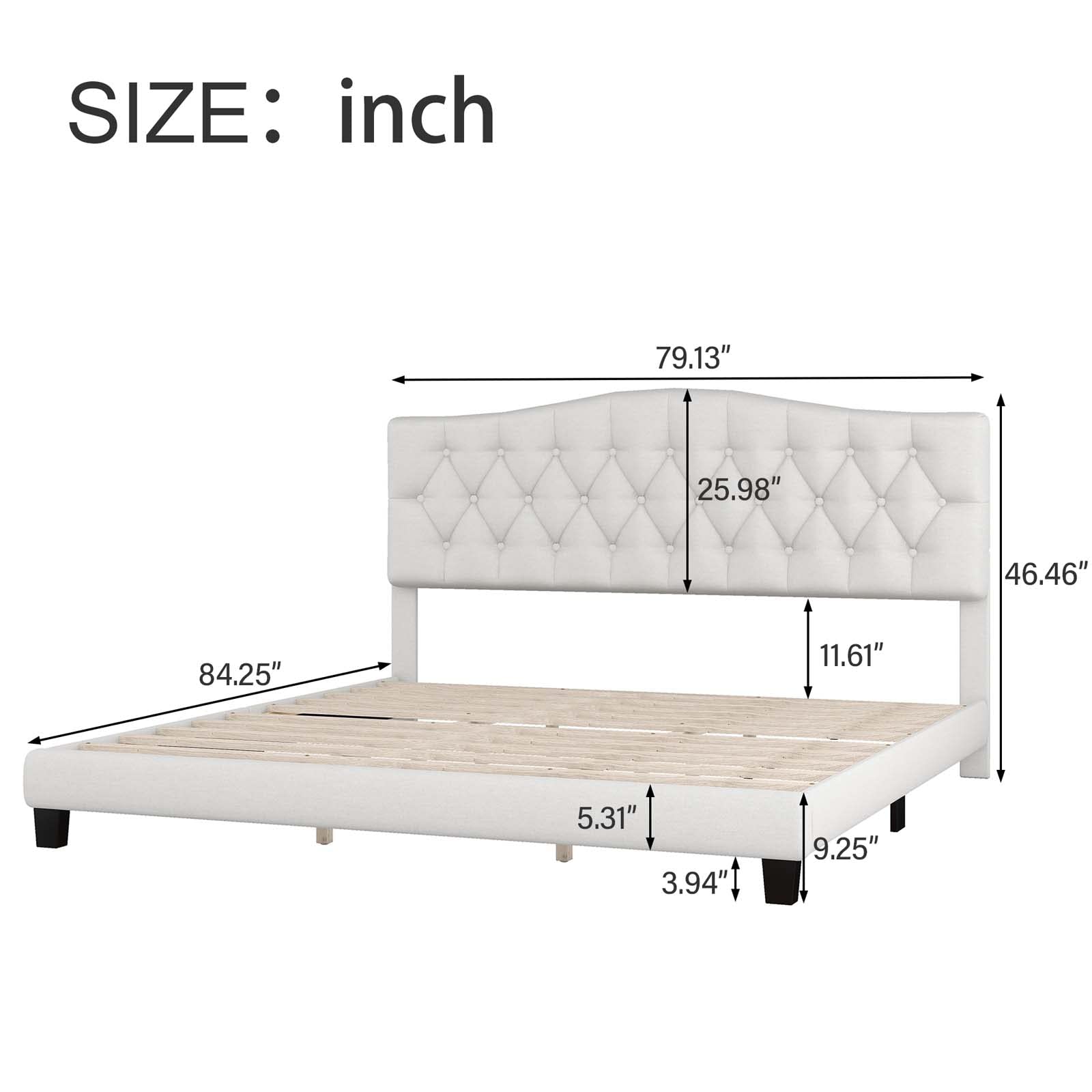 King Size Upholstered Platform Bed Frame with Saddle Curved Headboard and Diamond Tufted Details, Wooden Slats Support, No Box Spring Needed for Boys Girls Teens Adults, Under Bed Storage (King)