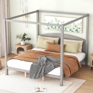 Prohon King Canopy Bed with Headboard, Wooden Canopy Bed Frame w/Extra Support Legs, King Size Platform Bed for Kids, Teen, Adults, No Box Spring Needed, Easy to Install, Grey