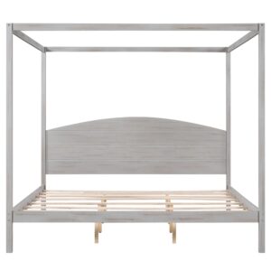 Prohon King Canopy Bed with Headboard, Wooden Canopy Bed Frame w/Extra Support Legs, King Size Platform Bed for Kids, Teen, Adults, No Box Spring Needed, Easy to Install, Grey