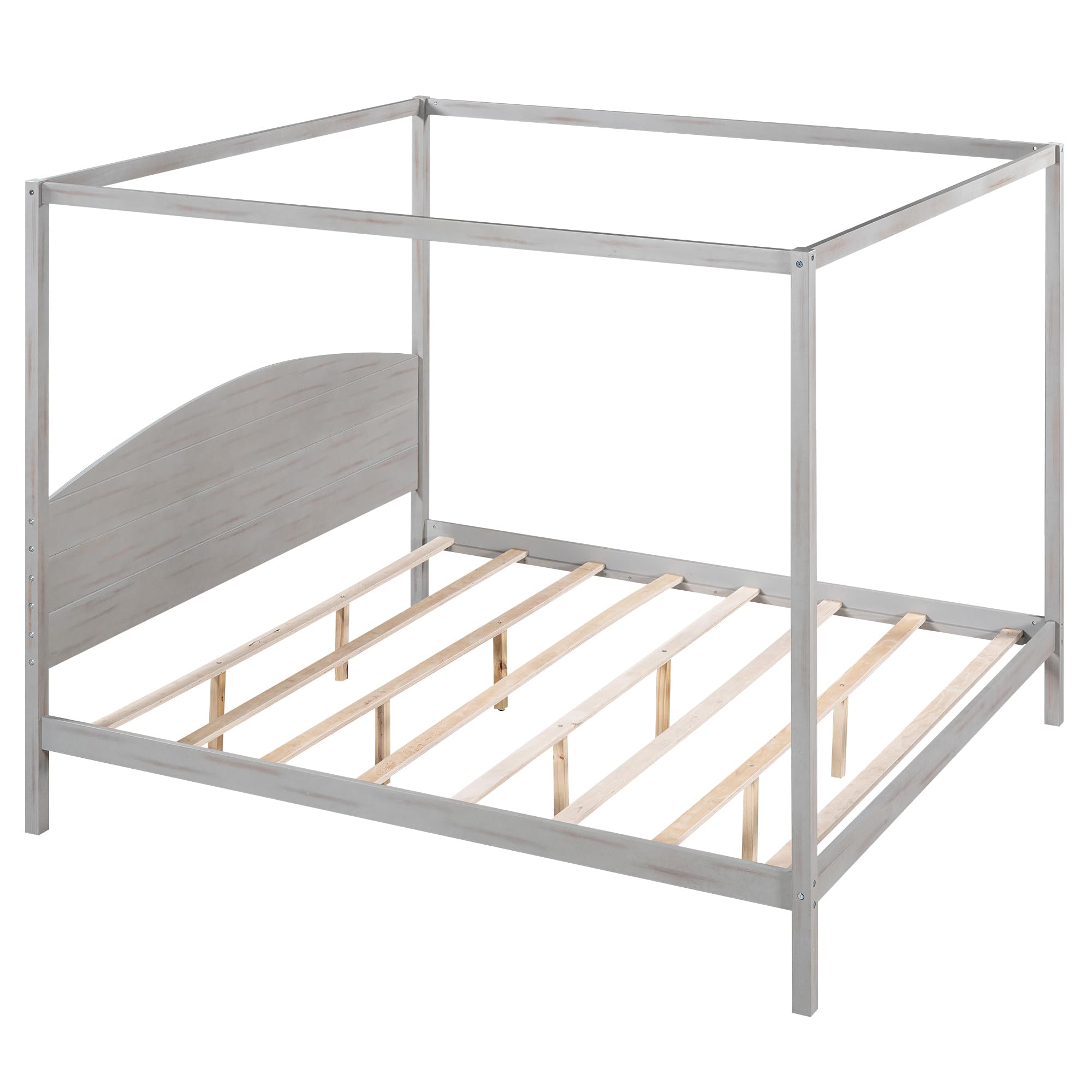 Prohon King Canopy Bed with Headboard, Wooden Canopy Bed Frame w/Extra Support Legs, King Size Platform Bed for Kids, Teen, Adults, No Box Spring Needed, Easy to Install, Grey