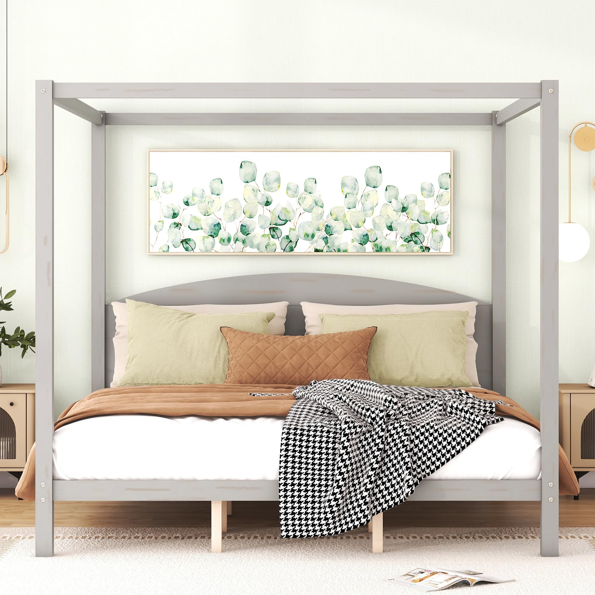 Prohon King Canopy Bed with Headboard, Wooden Canopy Bed Frame w/Extra Support Legs, King Size Platform Bed for Kids, Teen, Adults, No Box Spring Needed, Easy to Install, Grey