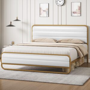 botlog king bed frame with headboard, pu leather upholstered bed frame with wood slats support, no box spring needed, easy assembly