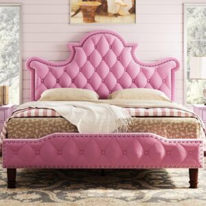 likimio queen size led bed frame, camas queen with 58" tall tufted headboard, sturdy and noiseless, no box spring required, pink