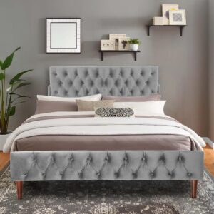 affeivul king bed frame and headboard, king size platform bed frame no box spring needed, upholstered bed frame king with cotton and velvet, low storage, modern design and wood slats - grey