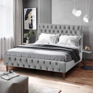 affeivul King Bed Frame and Headboard, King Size Platform Bed Frame No Box Spring Needed, Upholstered Bed Frame King with Cotton and Velvet, Low Storage, Modern Design and Wood Slats - Grey