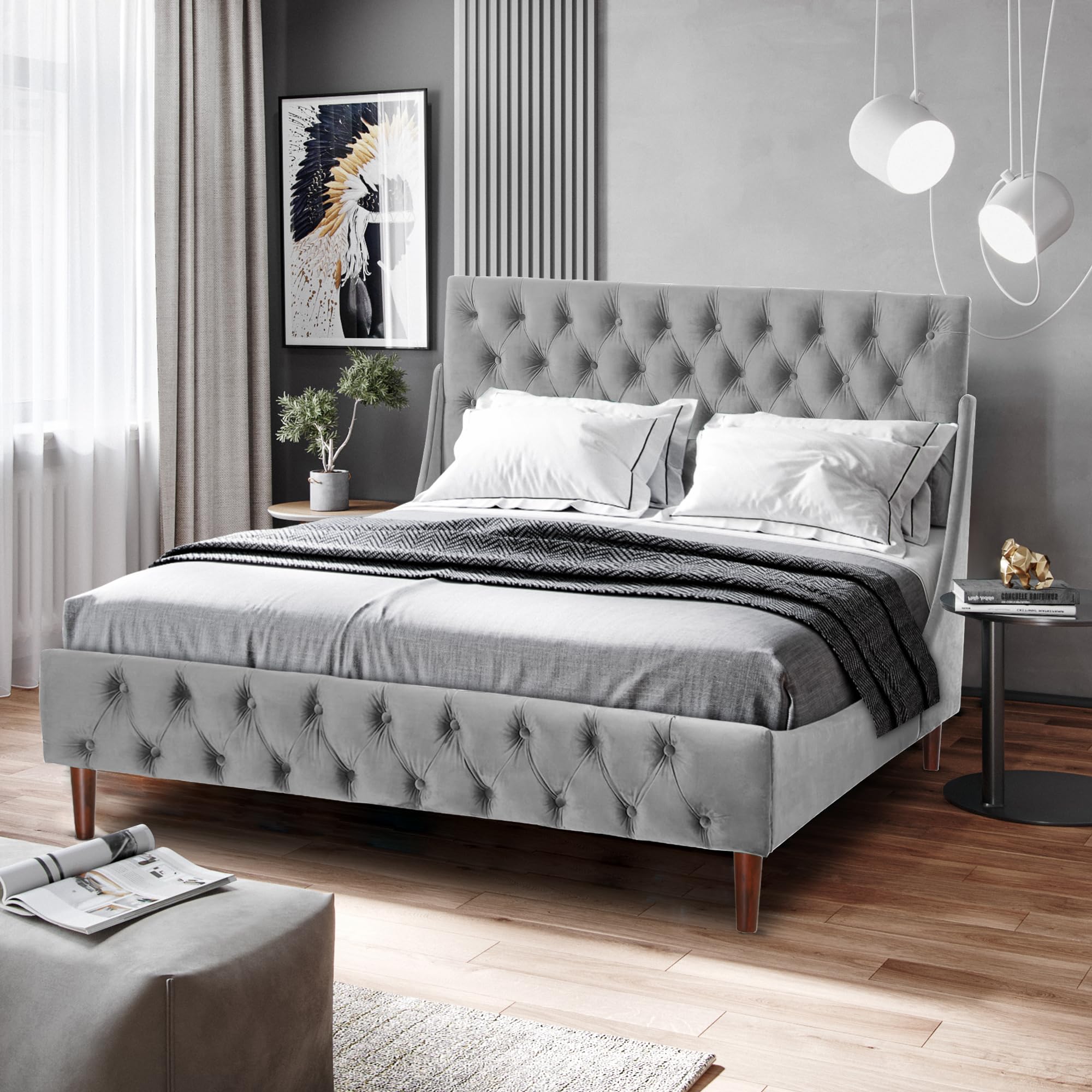 affeivul King Bed Frame and Headboard, King Size Platform Bed Frame No Box Spring Needed, Upholstered Bed Frame King with Cotton and Velvet, Low Storage, Modern Design and Wood Slats - Grey