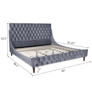 affeivul King Bed Frame and Headboard, King Size Platform Bed Frame No Box Spring Needed, Upholstered Bed Frame King with Cotton and Velvet, Low Storage, Modern Design and Wood Slats - Grey