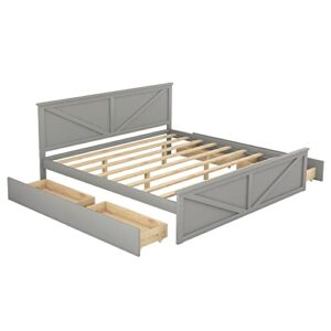 RORIGAT King Size Platform Bed, Wooden Platform Bed Frame with 4 Storage Drawers and Support Legs, No Box Spring Needed, Gray