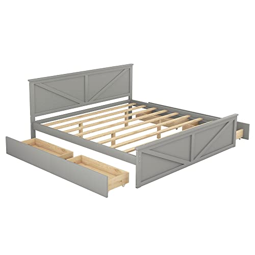 RORIGAT King Size Platform Bed, Wooden Platform Bed Frame with 4 Storage Drawers and Support Legs, No Box Spring Needed, Gray