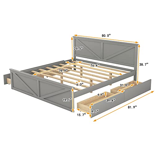 RORIGAT King Size Platform Bed, Wooden Platform Bed Frame with 4 Storage Drawers and Support Legs, No Box Spring Needed, Gray