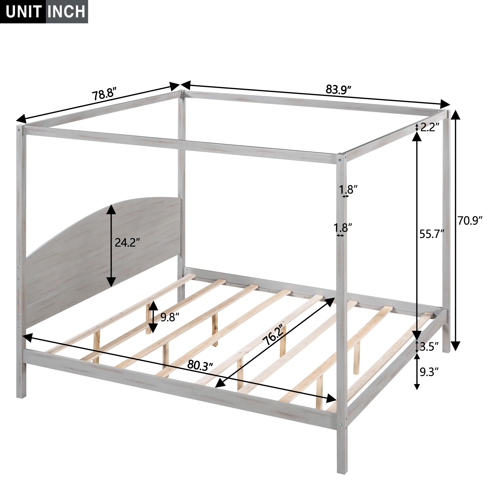 King Size Canopy Bed with Headboard and Slat Support,Wooden King Platform Bed Frame with Slat Support, King Size Bed Frame for Kids Teens Adults, No Box Spring Needed (Grey Wash)