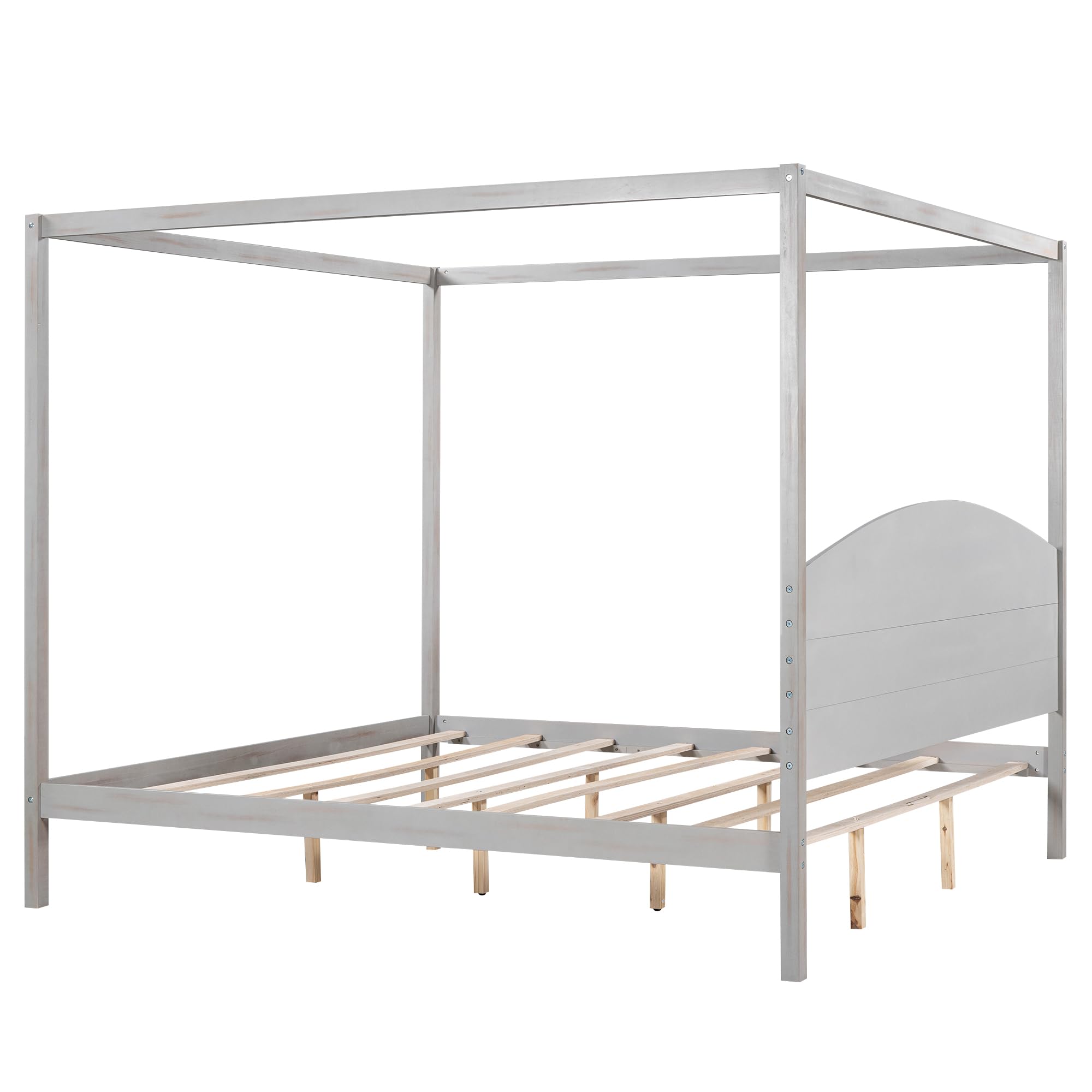 King Size Canopy Bed with Headboard and Slat Support,Wooden King Platform Bed Frame with Slat Support, King Size Bed Frame for Kids Teens Adults, No Box Spring Needed (Grey Wash)