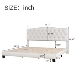 King Size Upholstered Platform Bed Frame with Saddle Curved Headboard and Diamond Tufted Details, Wooden Slats Support, No Box Spring Needed for Boys Girls Teens, Under Bed Storage (King)
