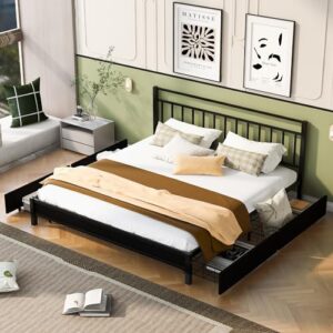 Aiuyesuo Modern King Size Storage Platform Bed with 4 Drawers, Velvet Upholstered Bed Frame with Headboard and Metal Slats Support, No Box Spring Needed, Large Storage Space