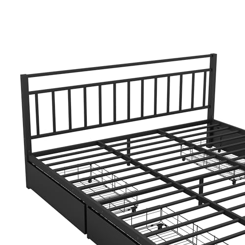 Aiuyesuo Modern King Size Storage Platform Bed with 4 Drawers, Velvet Upholstered Bed Frame with Headboard and Metal Slats Support, No Box Spring Needed, Large Storage Space