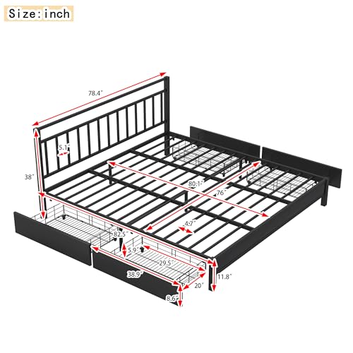 Aiuyesuo Modern King Size Storage Platform Bed with 4 Drawers, Velvet Upholstered Bed Frame with Headboard and Metal Slats Support, No Box Spring Needed, Large Storage Space