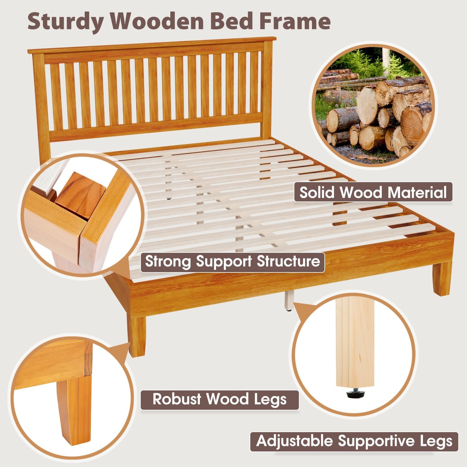 Solid Wood Bed Frame with Headboard, Bed Frame Wooden Platform Mattress Foundation Bed Frames with Storage, Wooden Slats Support, No Box Spring Needed, Under Bed Storage, Easy Assembly, Natural