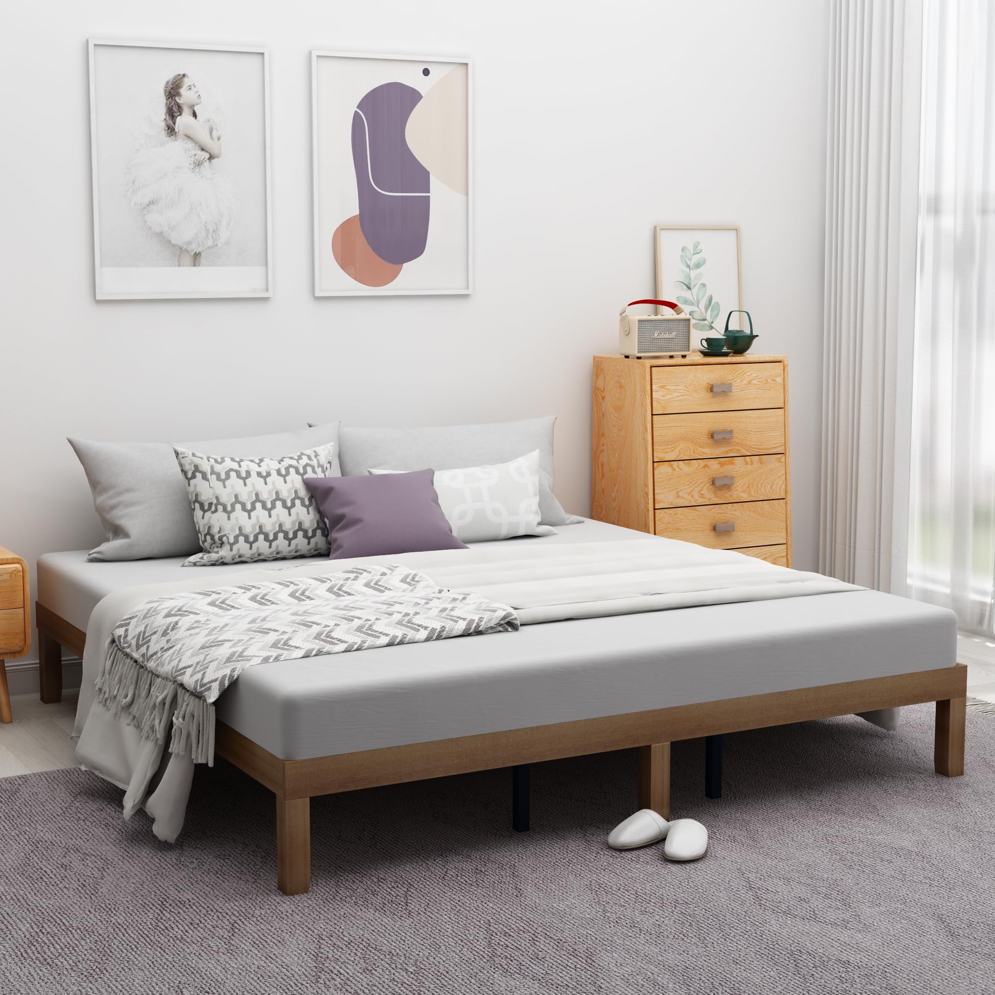 Bed Frame King Size Solid Wood Platform Bed No Box Spring Needed Stylish Design Provides Maximum Support and Comfort for a Great Night's Sleep,No Mattress