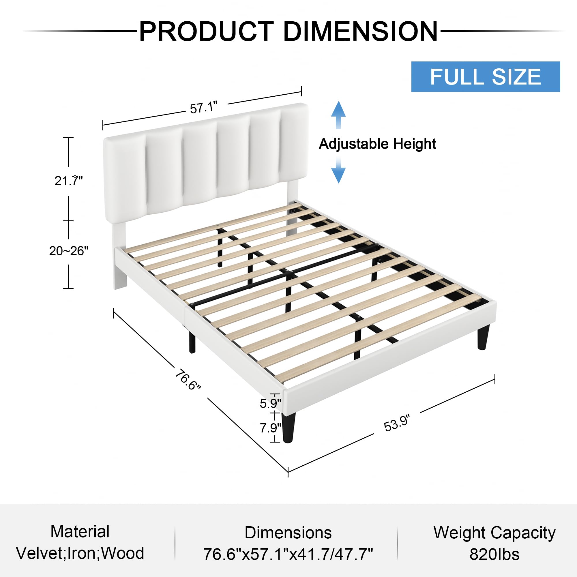 VECELO Full Bed Frames, Upholstered Platform Bedframe, Adjustable Headboard, Wood Slat Support, No Box Spring Needed, Easy Assembly, White