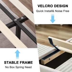 VECELO Full Bed Frames, Upholstered Platform Bedframe, Adjustable Headboard, Wood Slat Support, No Box Spring Needed, Easy Assembly, White