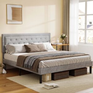 duntrkdu king size bed frame with adjustable border headboard, king platform bed frame with under bed storage, no box spring needed/easy assembly for bedroom, light grey