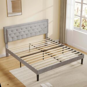 DUNTRKDU King Size Bed Frame with Adjustable Border Headboard, King Platform Bed Frame with Under Bed Storage, No Box Spring Needed/Easy Assembly for Bedroom, Light Grey