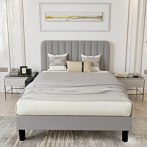 King Size Bed Frame, Upholstered Bed Frame with Adjuatable Headboard, Strong Wooden Slats, No Box Spring Needed Easy Assembly Noise Free Grey