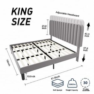 King Size Bed Frame, Upholstered Bed Frame with Adjuatable Headboard, Strong Wooden Slats, No Box Spring Needed Easy Assembly Noise Free Grey