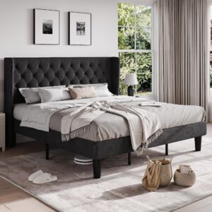 HOOMIC Classic King Size Bed Frame with Button Tufted Wingback Headboard, Upholstered Platform bed with Strong Wooden Slats Support, No Box Spring Needed, Black