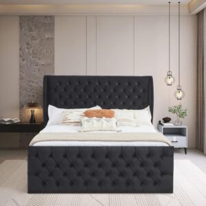 i-pook king size platform bed frame, velvet upholstered chesterfield bed with deep button tufted wingback headboard and footboard, wood slats support, no box spring needed, black