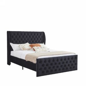 i-POOK King Size Platform Bed Frame, Velvet Upholstered Chesterfield Bed with Deep Button Tufted Wingback Headboard and Footboard, Wood Slats Support, No Box Spring Needed, Black