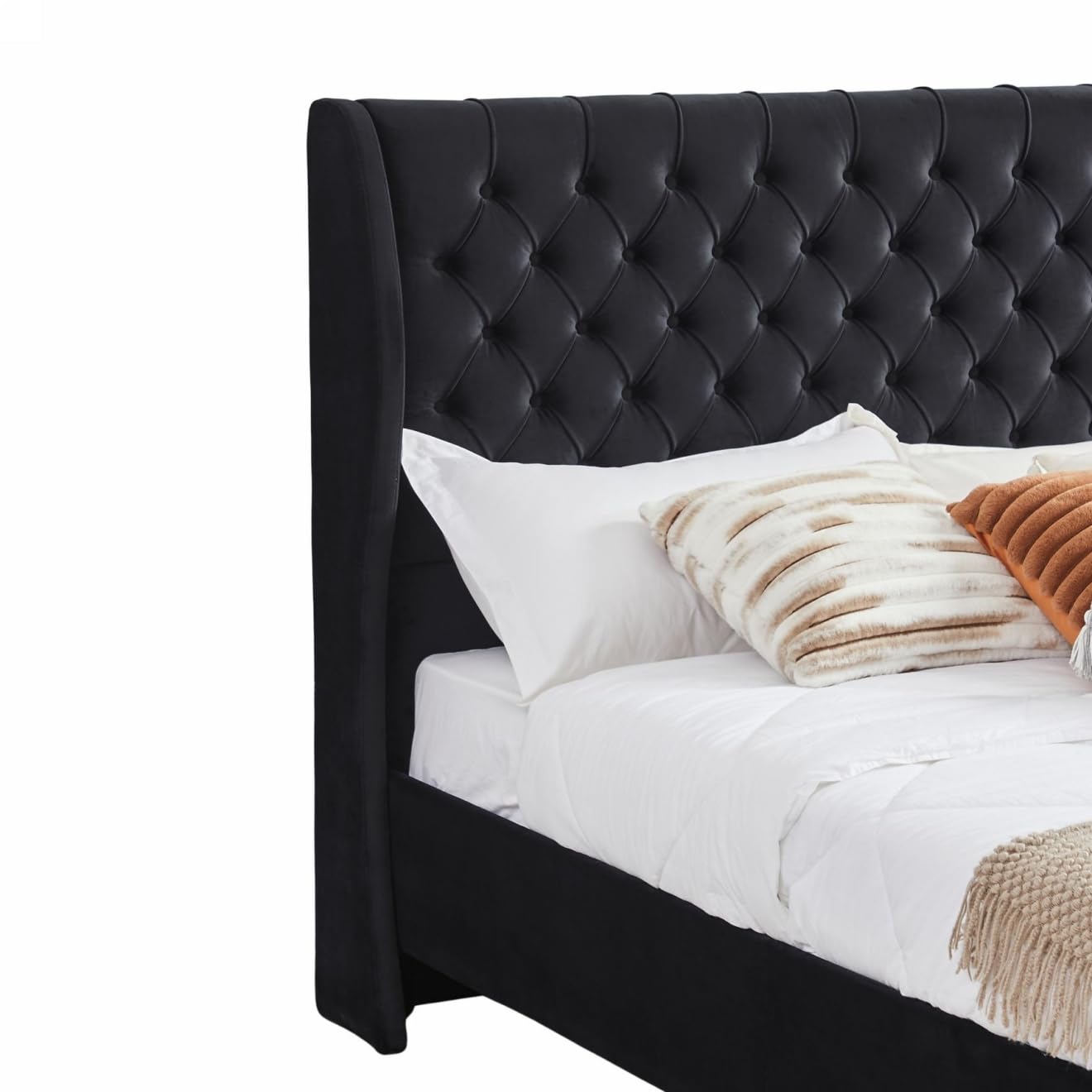 i-POOK King Size Platform Bed Frame, Velvet Upholstered Chesterfield Bed with Deep Button Tufted Wingback Headboard and Footboard, Wood Slats Support, No Box Spring Needed, Black