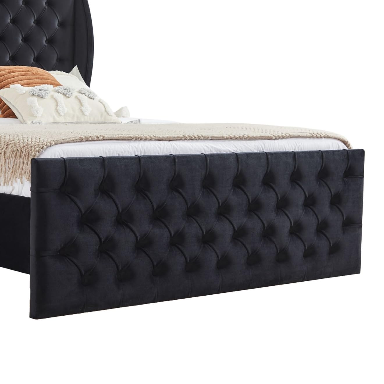 i-POOK King Size Platform Bed Frame, Velvet Upholstered Chesterfield Bed with Deep Button Tufted Wingback Headboard and Footboard, Wood Slats Support, No Box Spring Needed, Black