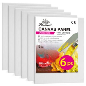 phoenix large painting canvas panels - 18x24 inch, 6 value pack - 8 oz triple primed 100% cotton acid free canvases for painting, white blank flat canvas boards for acrylic, oil paints