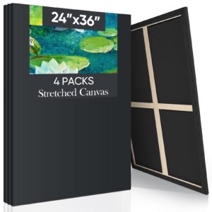 Ctosree 4 Pack Large Stretched Canvases for Painting Black 24 x 36 Inches Primed 100% Cotton Blank Canvas Boards for Acrylic Pouring Oil Watercolor Paints