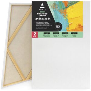 ARTEZA Stretched Canvas, 24 x 36 Inches, Pack of 2, Blank White Large Canvas for Acrylic, Oil and Gouache Painting