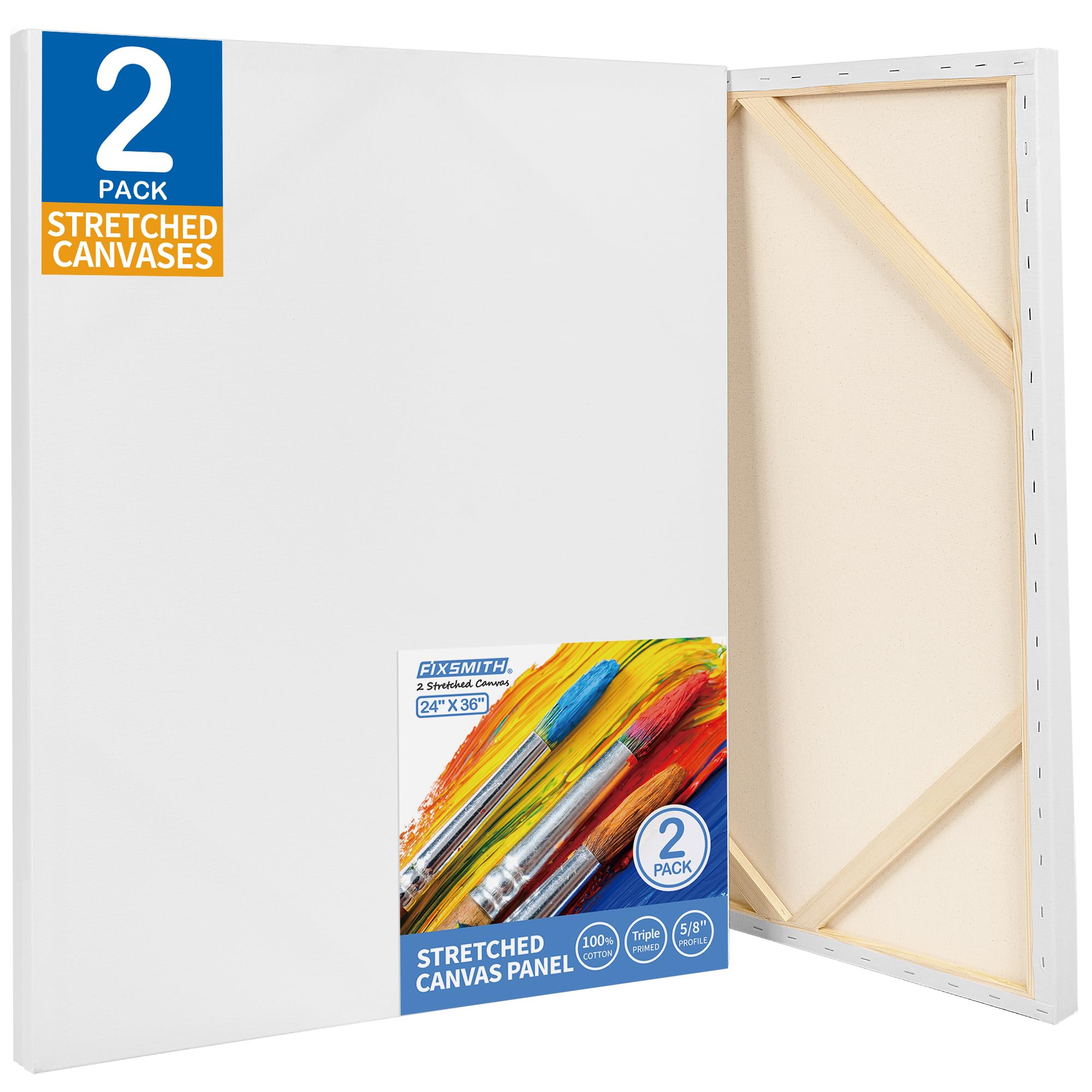 FIXSMITH Stretched White Blank Canvas - 24x36 Inch, 2 Pack,Primed Large Canvas,100% Cotton,5/8 Inch Profile of Super Value Pack for Acrylics,Oils & Other Painting Media