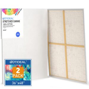 gotideal stretched canvases for painting, 36x48" inch set of 2, primed white - 100% cotton blank art large canvas boards for painting for acrylic pouring, oil paint dry & wet art media