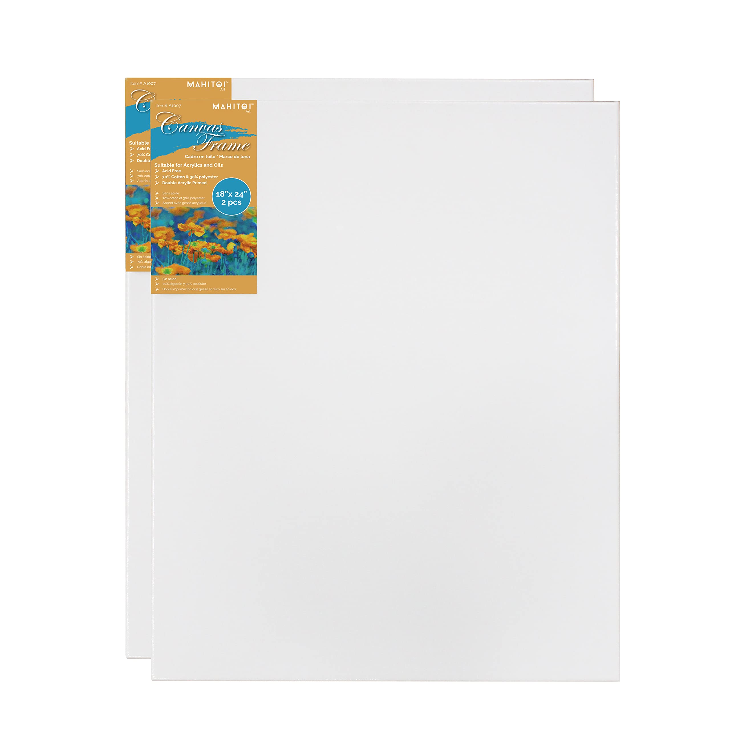 MAHITOI ™ 2-PC Cotton Stretched 18” x 24” Double Primed Gesso Wooden Frame to Smooth Surface & Reduce Absorbency, for Acrylic, Oil Paints, Acid-Free, Medium Weight Blank, White. 18 x 24 Canvas.