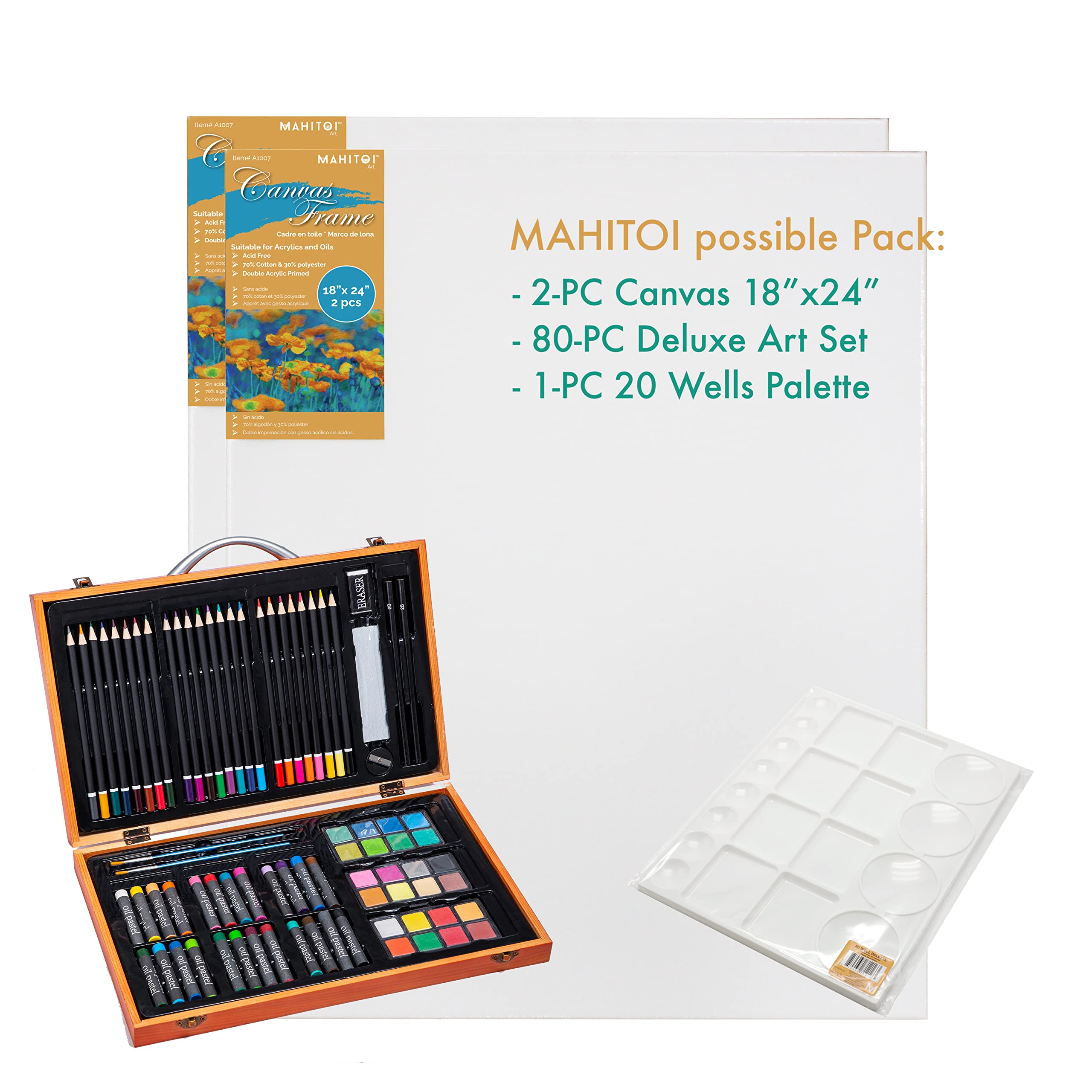 MAHITOI ™ 2-PC Cotton Stretched 18” x 24” Double Primed Gesso Wooden Frame to Smooth Surface & Reduce Absorbency, for Acrylic, Oil Paints, Acid-Free, Medium Weight Blank, White. 18 x 24 Canvas.