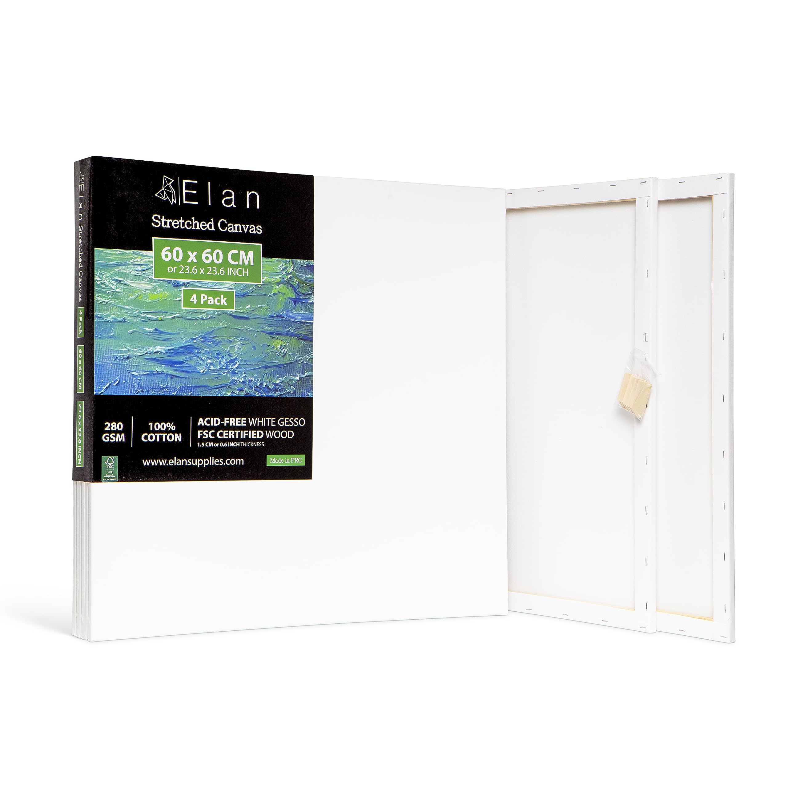 Elan Stretched Canvases 24x24, 4-Pack Canvases for Painting, Painting Canvas Bulk, Stretched Canvas for Adults Blank Canvas for Painting, Painting Canvases Paint Canvases for Painting Art Canvas