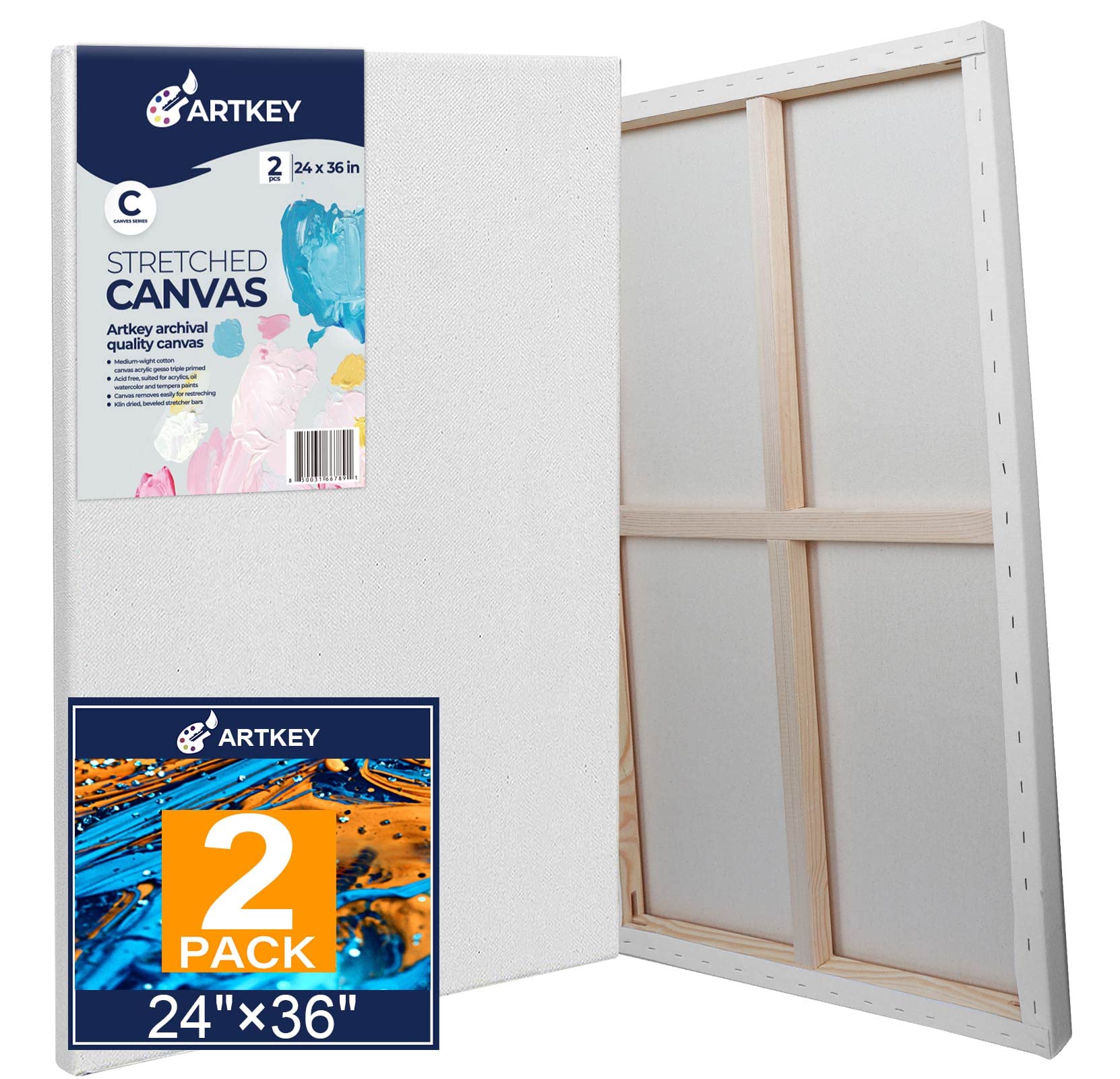 Stretched Canvases for Painting 24x36 Inch 2-Pack, 12.3 oz Triple Primed Acid-Free 100% Cotton Blank Canvas, Large Canvases for Oil Paint Acrylics Pouring & Wet Art Media, Pour Painting