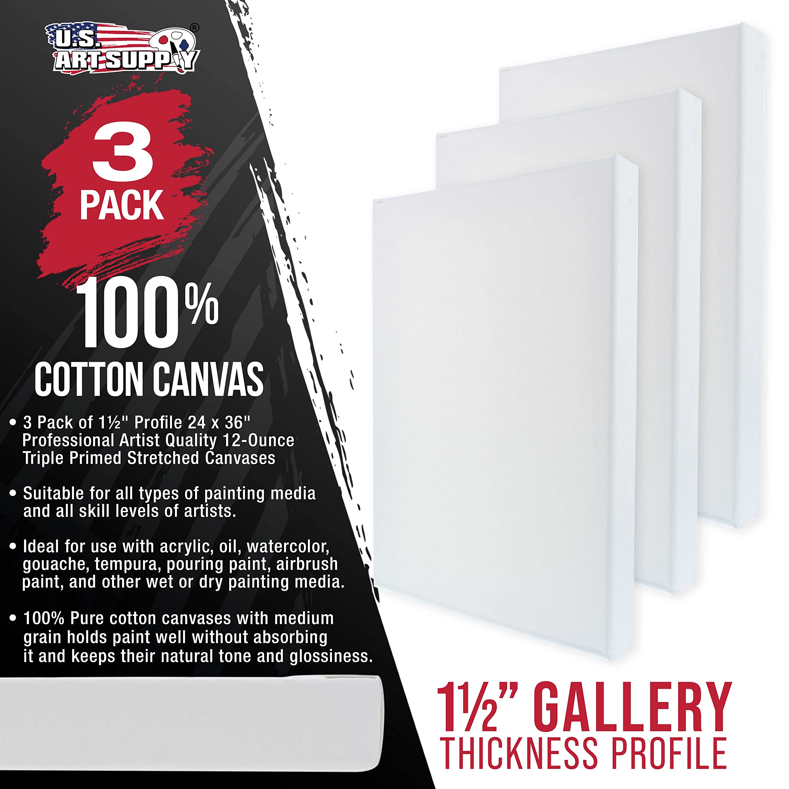 U.S. Art Supply 24 x 36 inch Gallery Depth 1-1/2" Profile Stretched Canvas, 3-Pack - 12-Ounce Acrylic Gesso Triple Primed, Professional Artist Quality, 100% Cotton - Acrylic Pouring, Oil Painting