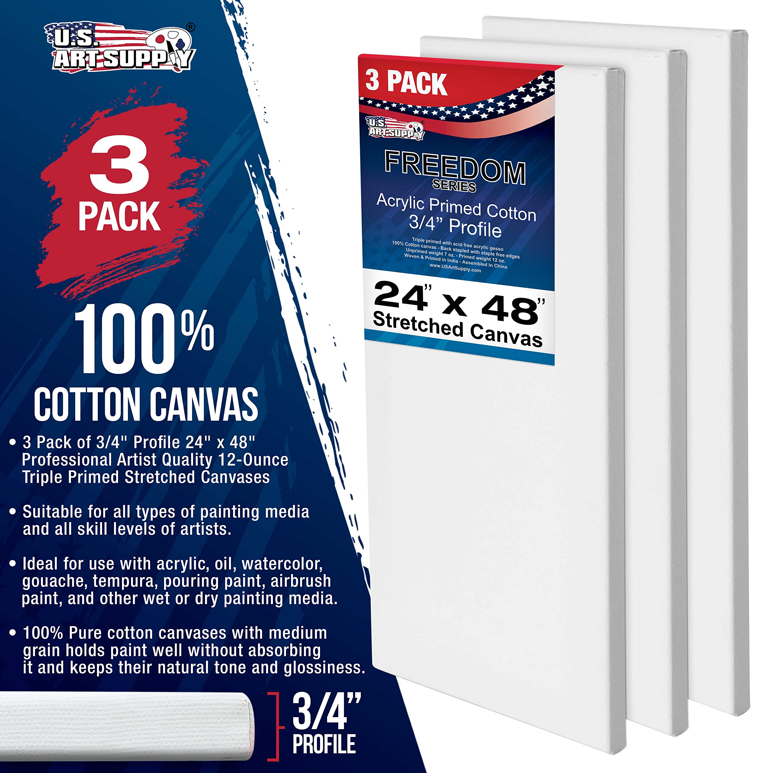 U.S. Art Supply 24 x 48 inch Stretched Canvas 12-Ounce Primed 3-Pack - Professional White Blank 3/4" Profile Heavy-Weight Gesso Acid Free Bulk Pack - Painting, Acrylic Pouring, Oil Paint