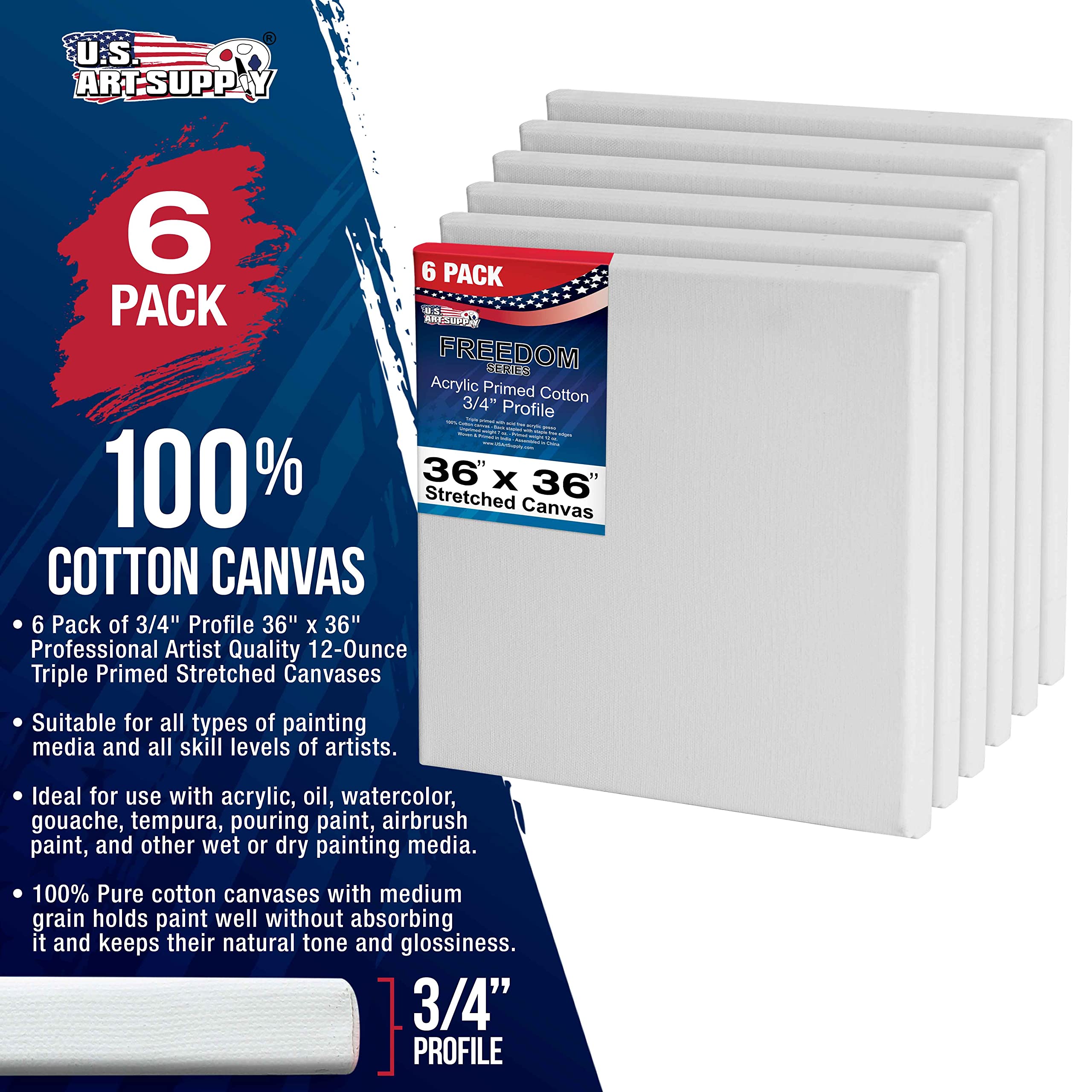 U.S. Art Supply 36 x 36 inch Stretched Canvas 12-Ounce Triple Primed, 6-Pack - Professional Artist Quality White Blank 3/4" Profile, 100% Cotton, Heavy-Weight Gesso - Acrylic Pouring, Oil Painting