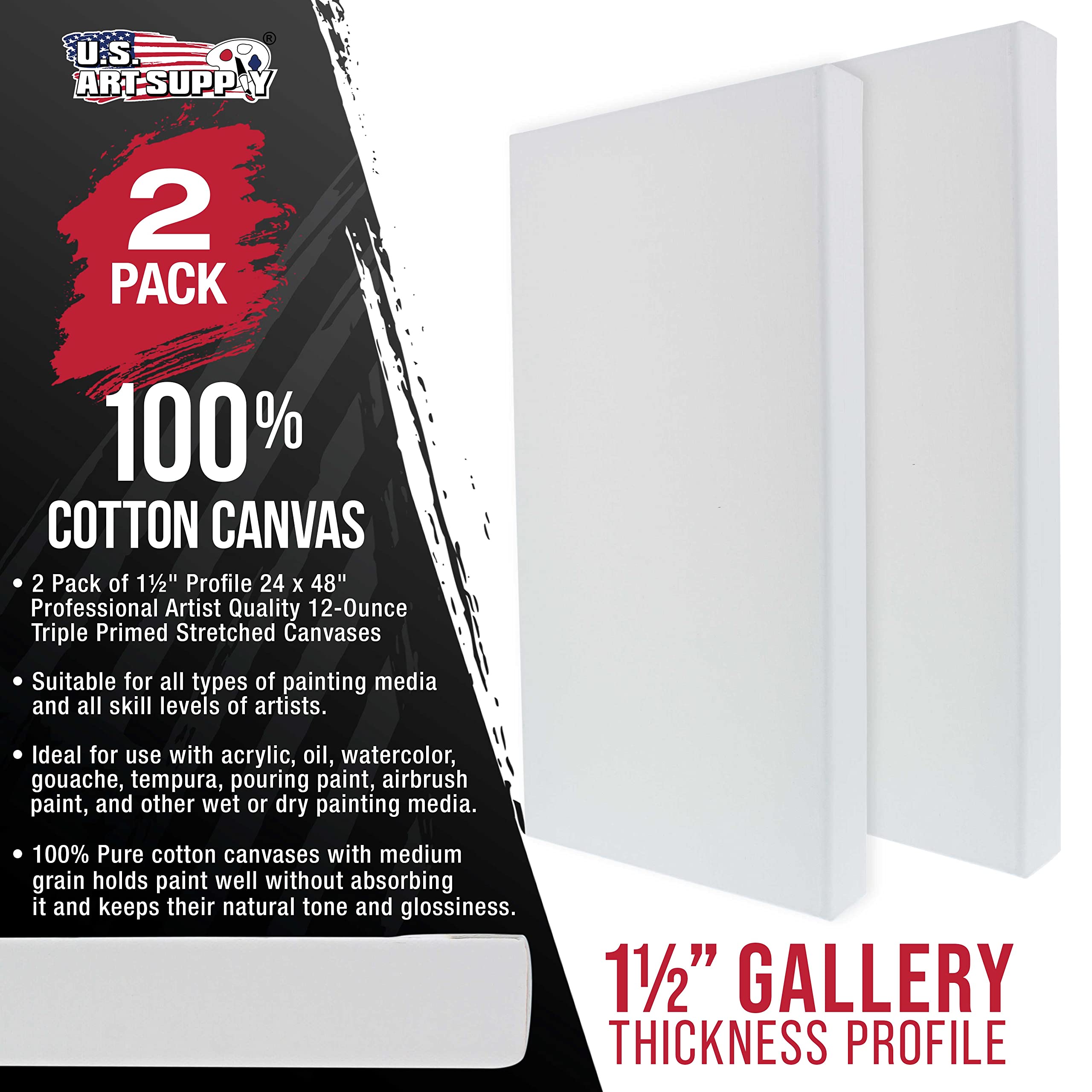 U.S. Art Supply 24" x 48" Gallery Depth 1-1/2" Profile Stretched Canvas 2-Pack - Acrylic Gesso Triple Primed 12-Ounce 100% Cotton Acid-Free Back Stapled Pouring Art