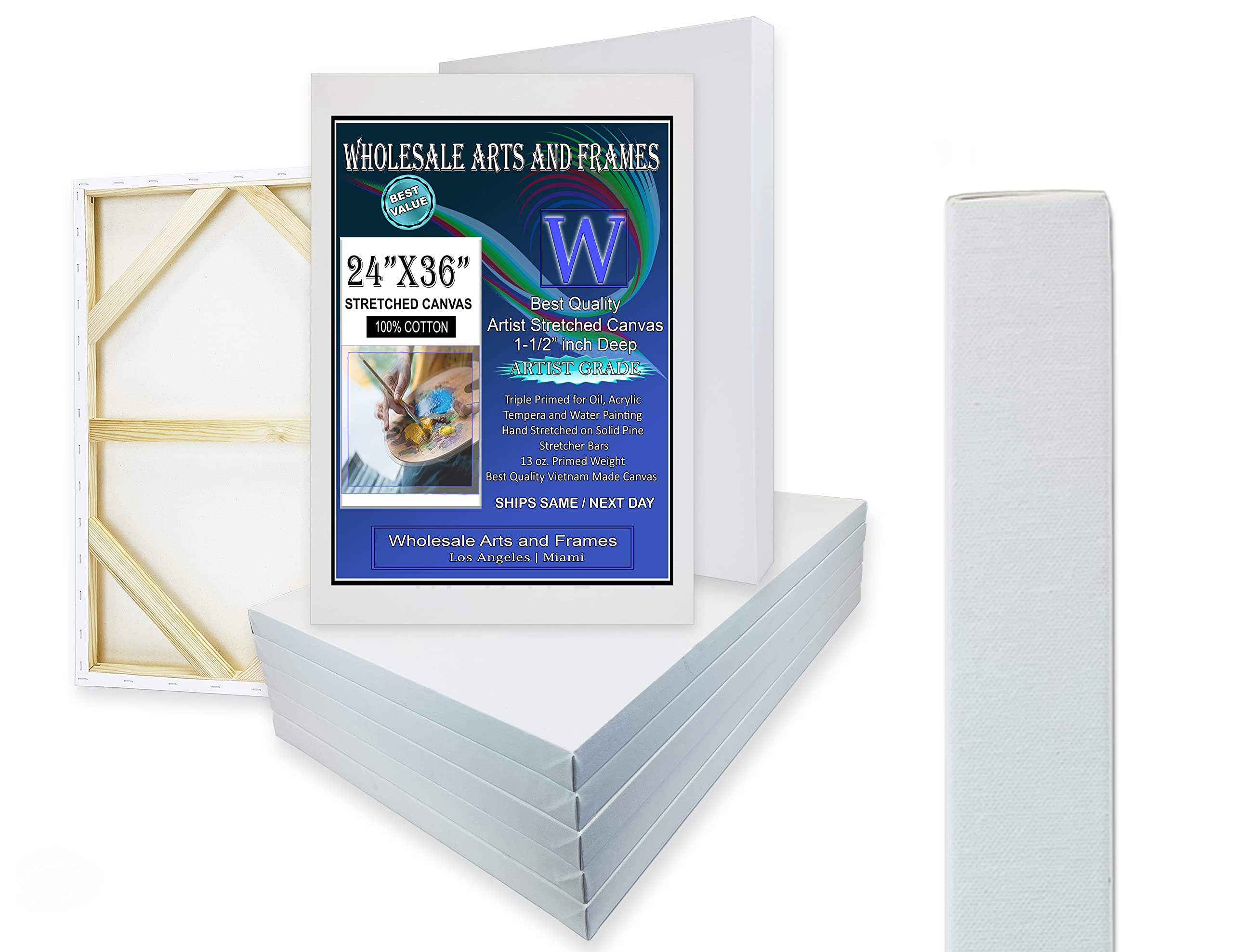 1-1/2" Gallery Depth White Stretched Canvas 24x36 2 Pack 13oz Professional Artist Quality, 100% Cotton, Art Supplies for Crafts, Gesso-Primed for Oil & Acrylic Hand Stretched in USA