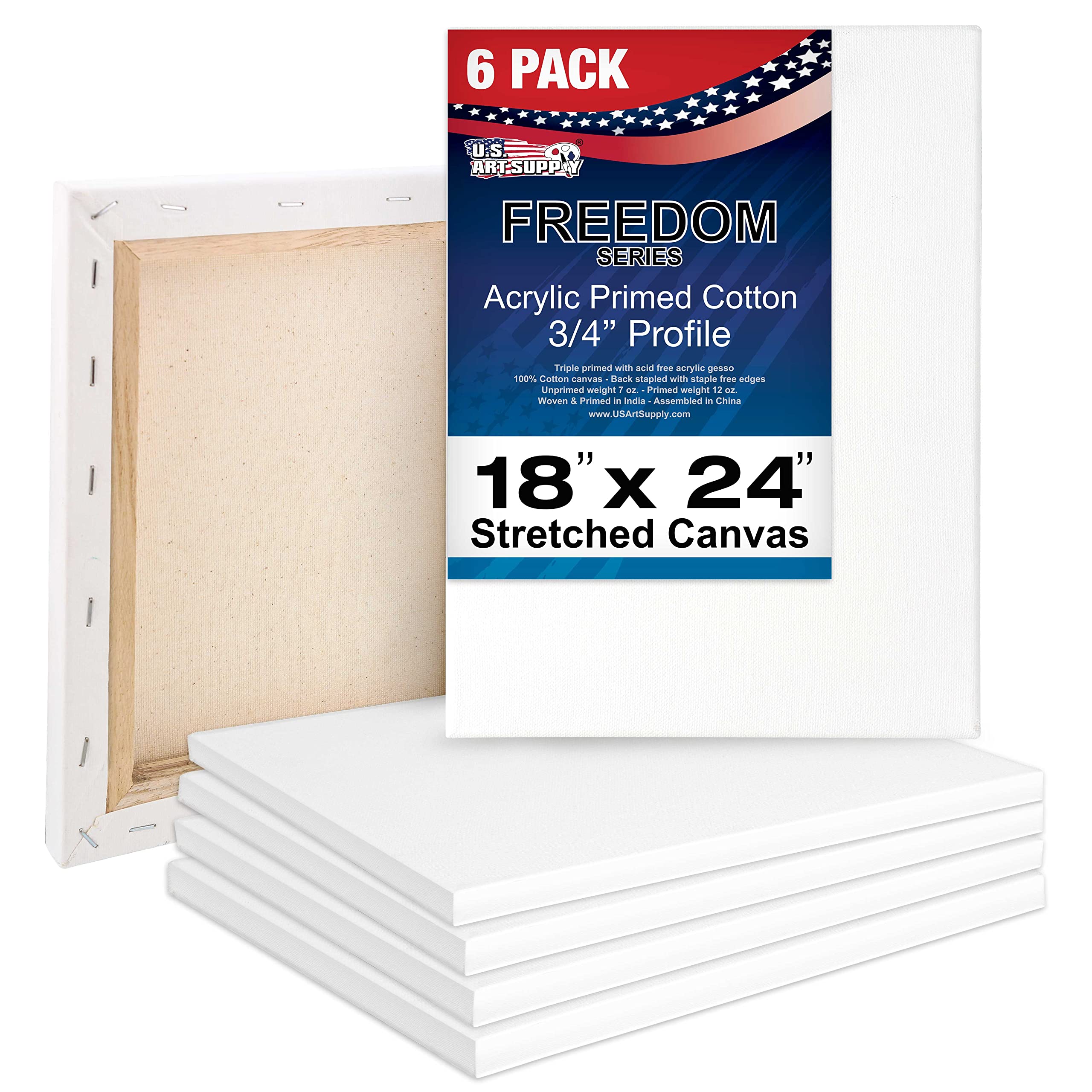 U.S. Art Supply 18 x 24 inch Stretched Canvas 12-Ounce Primed 6-Pack - Professional White Blank 3/4" Profile Heavy-Weight Gesso Acid Free Bulk Pack - Painting, Acrylic Pouring, Oil Paint