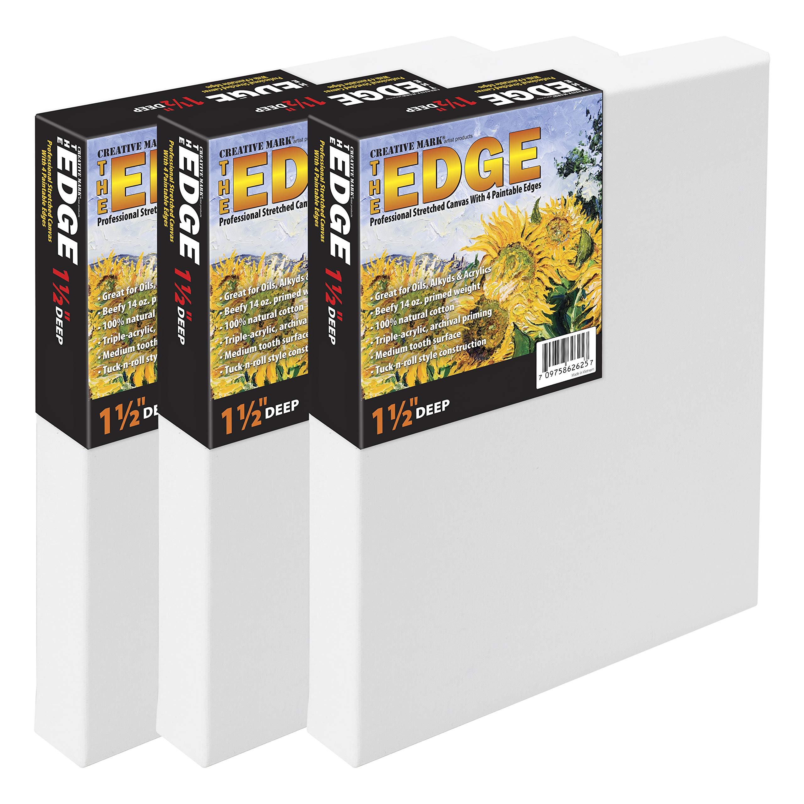 Creative Mark The Edge All Media Cotton Deluxe Stretched Canvas - 18x24" - 3 Pack of 1-1/2'' Deep Triple Acrylic Primed Canvas for Painting
