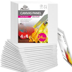 phoenix small painting canvas panels 4x4 inch, 24 bulk pack - 8 oz triple primed 100% cotton acid free square canvas boards for painting, white blank flat canvas boards for acrylic, oil paints